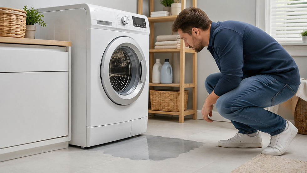 Checking the source of a washing machine leak on the laundry room floor