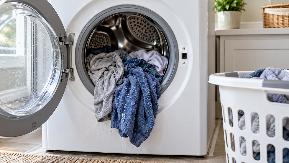 Soaking-wet clothes hanging from an open front-load washer in a bright laundry room