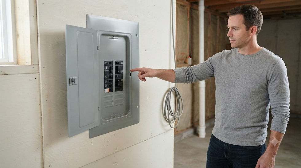 Residential electrical panel with a visibly tripped circuit breaker during a safe external check.