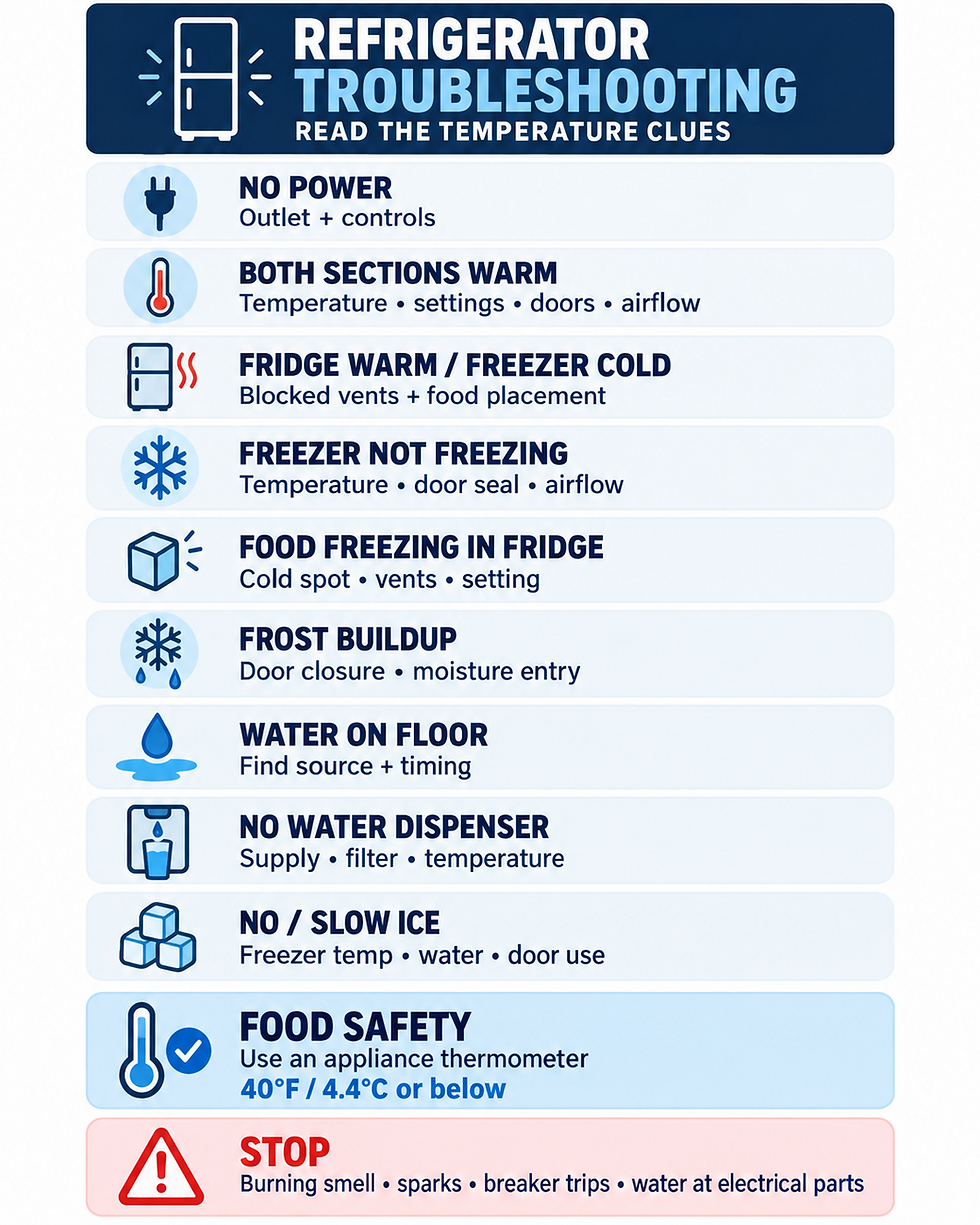 Refrigerator troubleshooting decision map using temperature and compartment clues to route common cooling, frost, leak, water, and ice symptoms