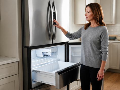 Homeowner checking a refrigerator with an empty ice bin after the ice maker stopped making ice