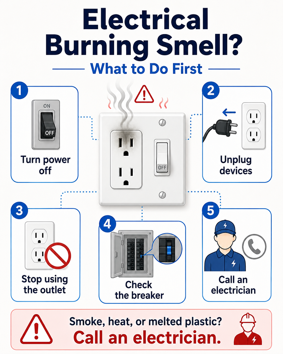 Infographic showing immediate safety steps for an electrical burning smell