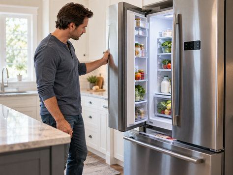 Homeowner inspecting an open refrigerator in a home kitchen before troubleshooting cooling problems