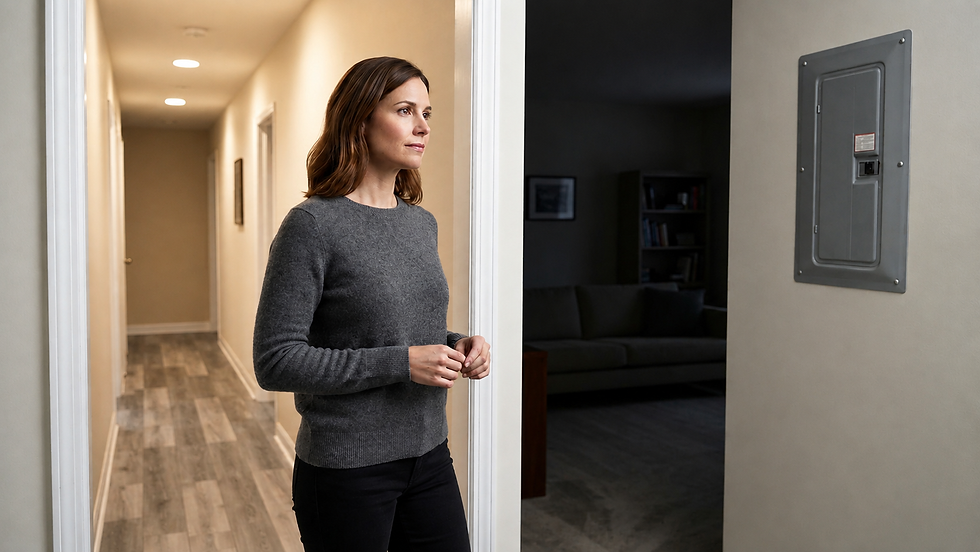Homeowner looking into a room with no power beside a closed electrical breaker panel
