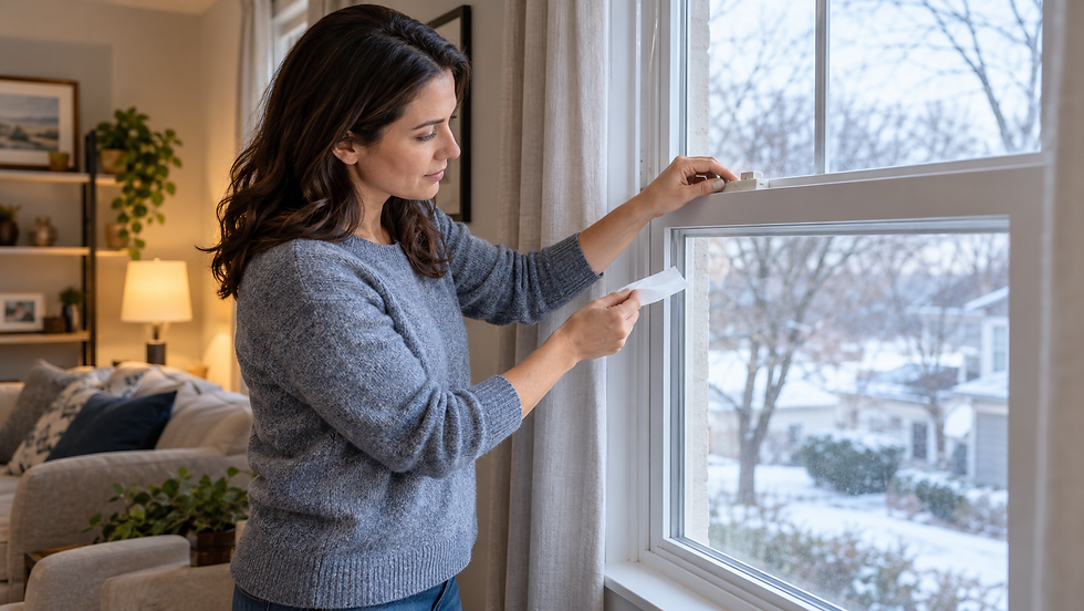 Homeowner using a tissue to check for a draft at the latch of a closed window
