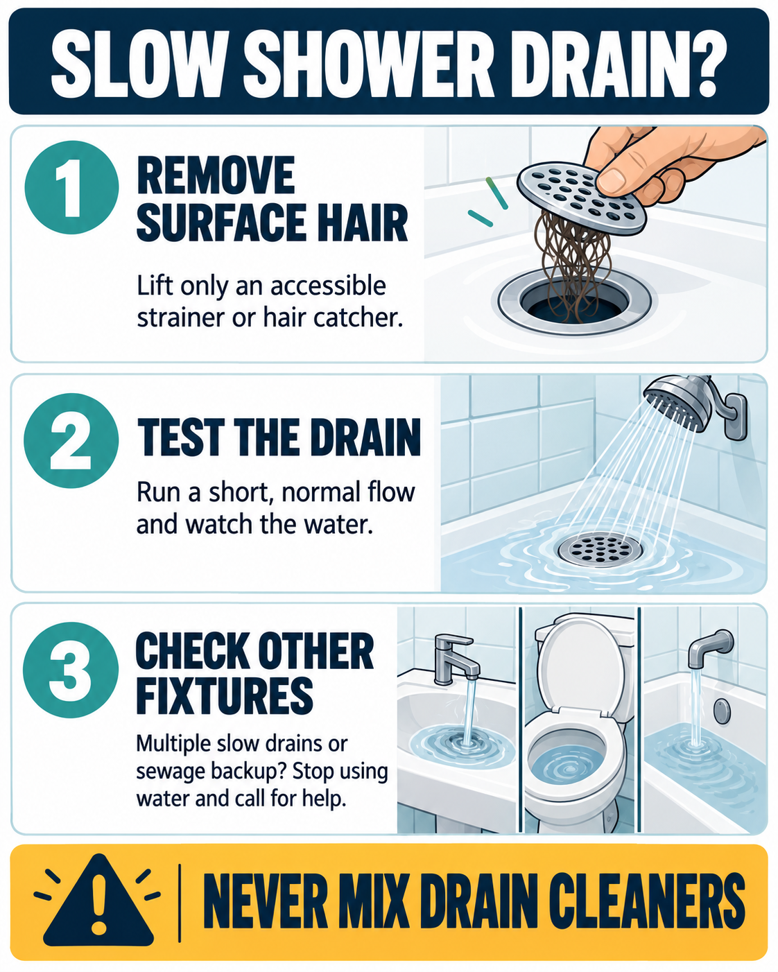 Three-step slow shower drain guide: remove surface hair, test flow, and check other fixtures