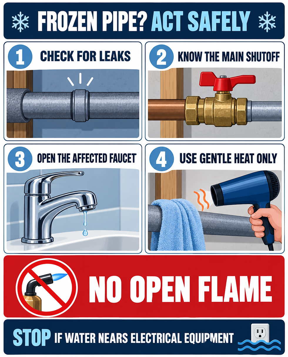 Frozen pipe safety steps: check for leaks, know the main shutoff, open the affected faucet, use gentle heat only, and never use an open flame.