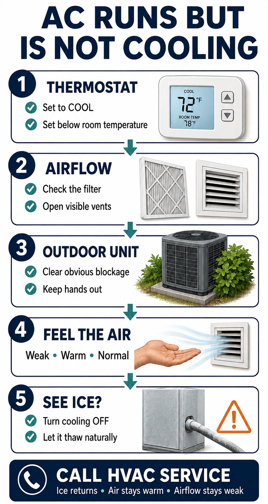 Mobile diagnostic checklist for an AC that runs but does not cool, covering thermostat, airflow, outdoor blockage, air temperature, ice, and service thresholds