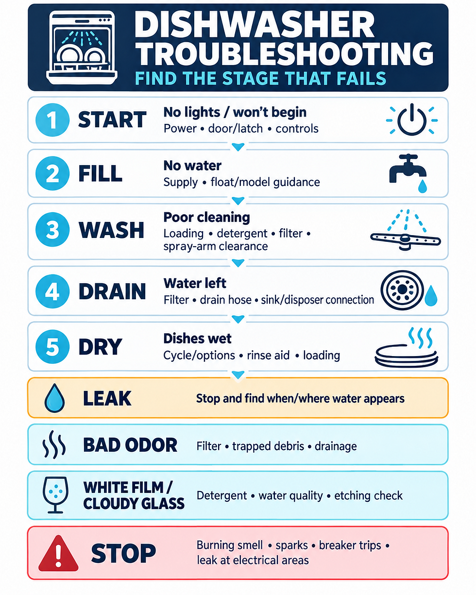 Dishwasher troubleshooting flowchart routing start, fill, wash, drain, dry, leak, odor, and residue symptoms to the safest next check
