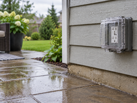 Closed weatherproof outdoor outlet cover on a rain-wet exterior wall and patio.