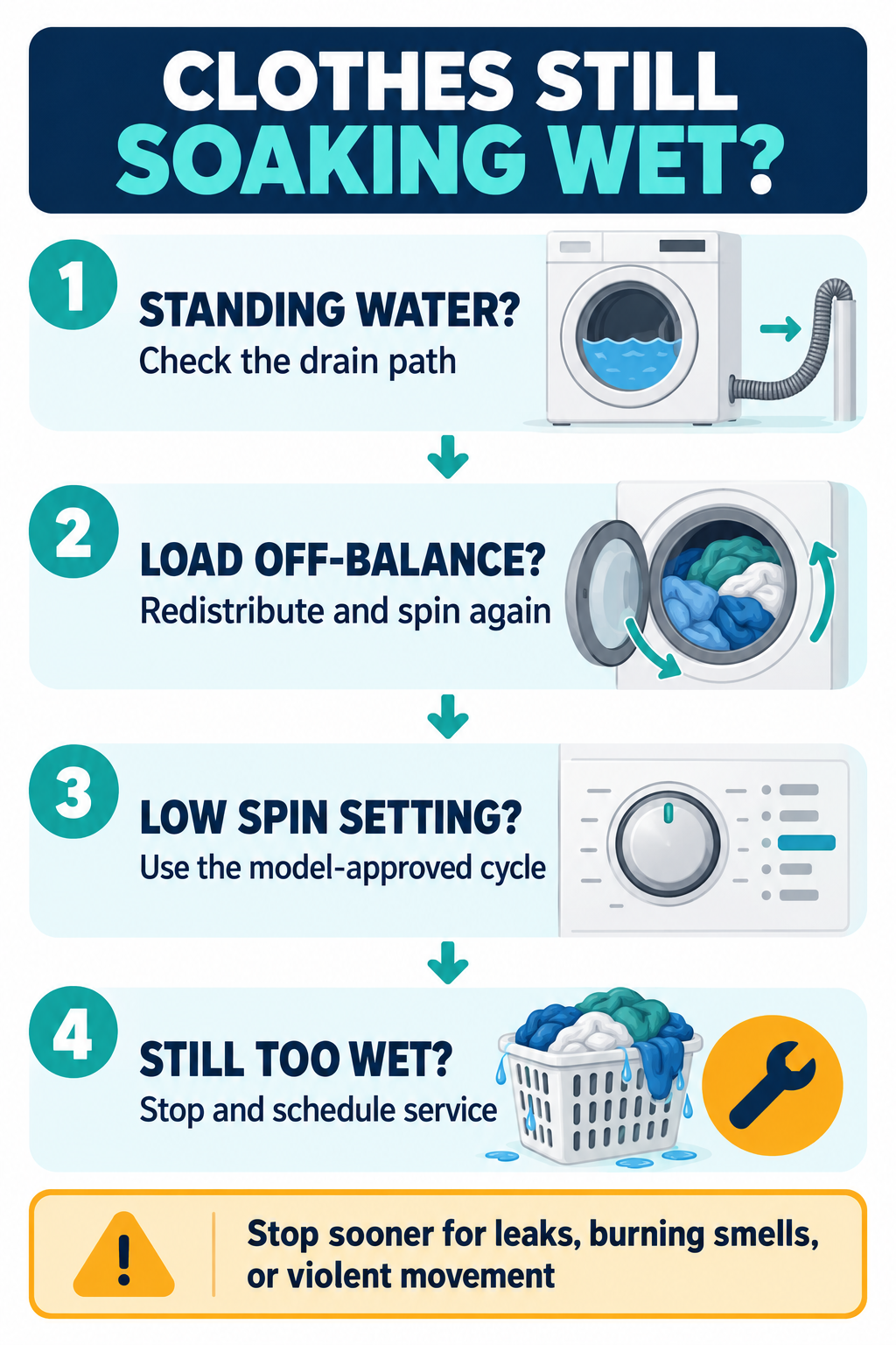 Flowchart for soaking-wet laundry: check standing water, load balance, spin setting, then schedule service