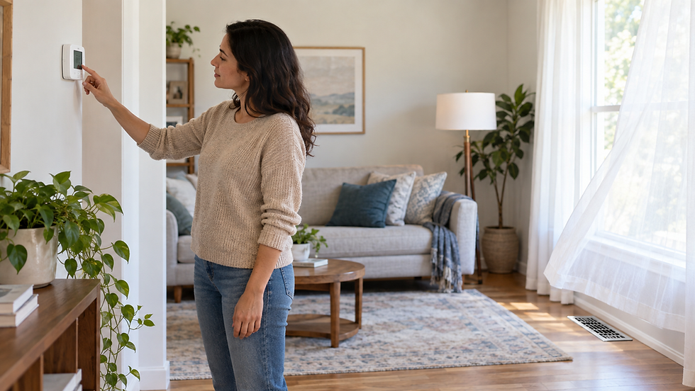 Homeowner checking a wall thermostat while a central air vent continues blowing.