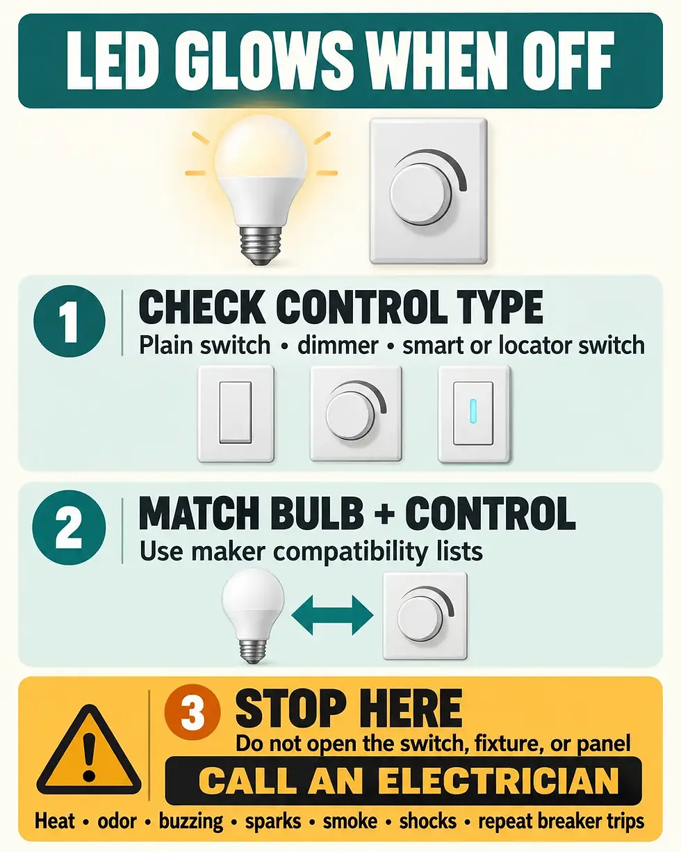 Safety checklist for an LED that glows when off: identify the control, check compatibility, and stop before electrical work