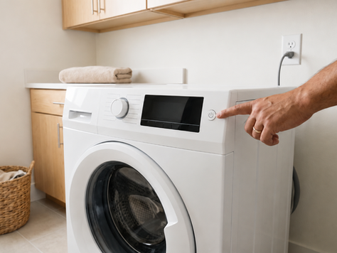 Front-loading washing machine with a person pressing the power button in a home laundry room