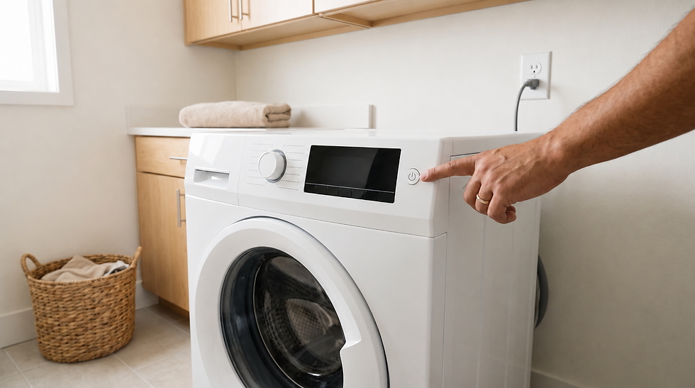 Front-loading washing machine with a person pressing the power button in a home laundry room