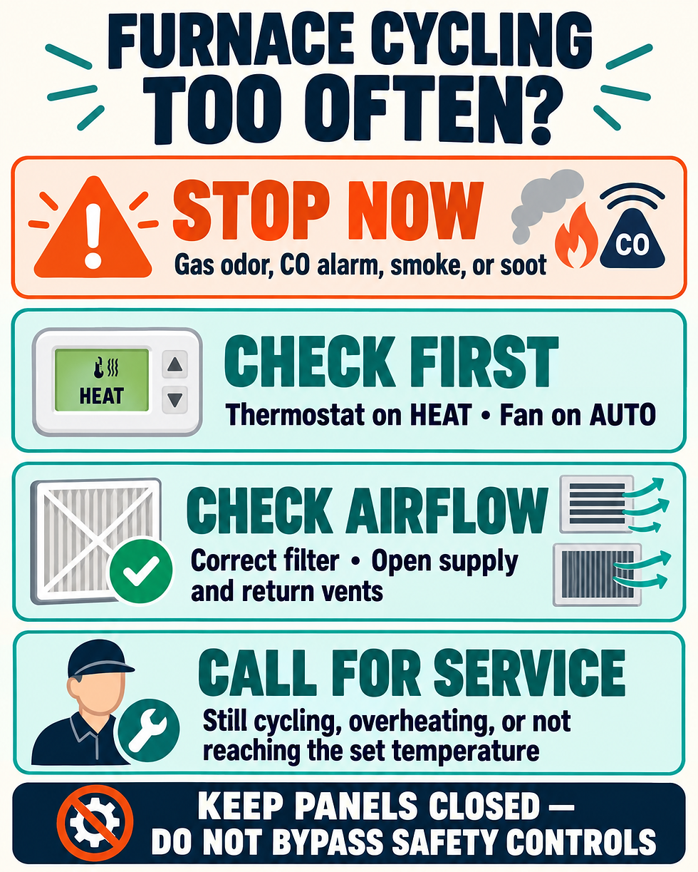 Safety checklist for a furnace cycling too often, covering stop signs, thermostat, airflow, and service
