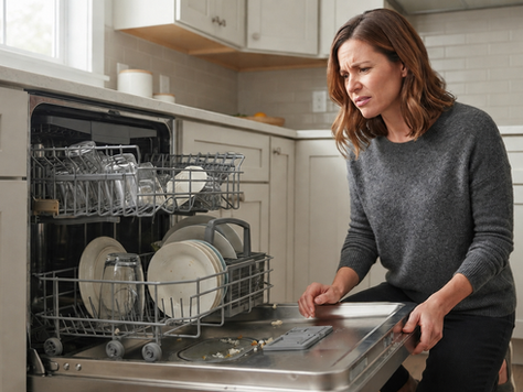 Open dishwasher in a clean kitchen while a homeowner safely checks the removable filter for odor-causing food debris