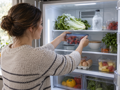 Homeowner moving frost-damaged produce away from a refrigerator air vent after food freezes in one cold spot
