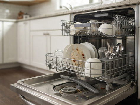Open dishwasher with dishes still showing food residue after a completed wash cycle.