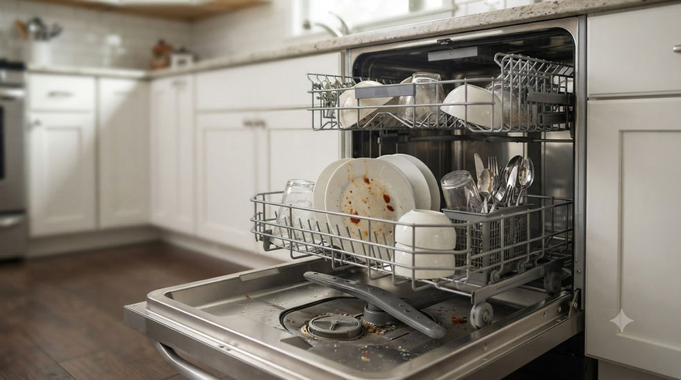 Open dishwasher with dishes still showing food residue after a completed wash cycle.