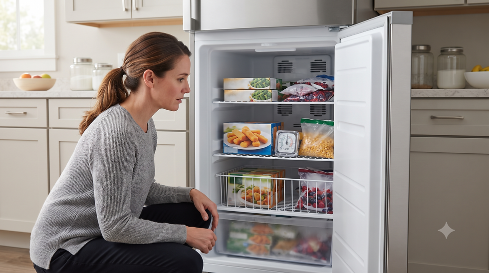 Homeowner checking a freezer that is not freezing with an appliance thermometer.