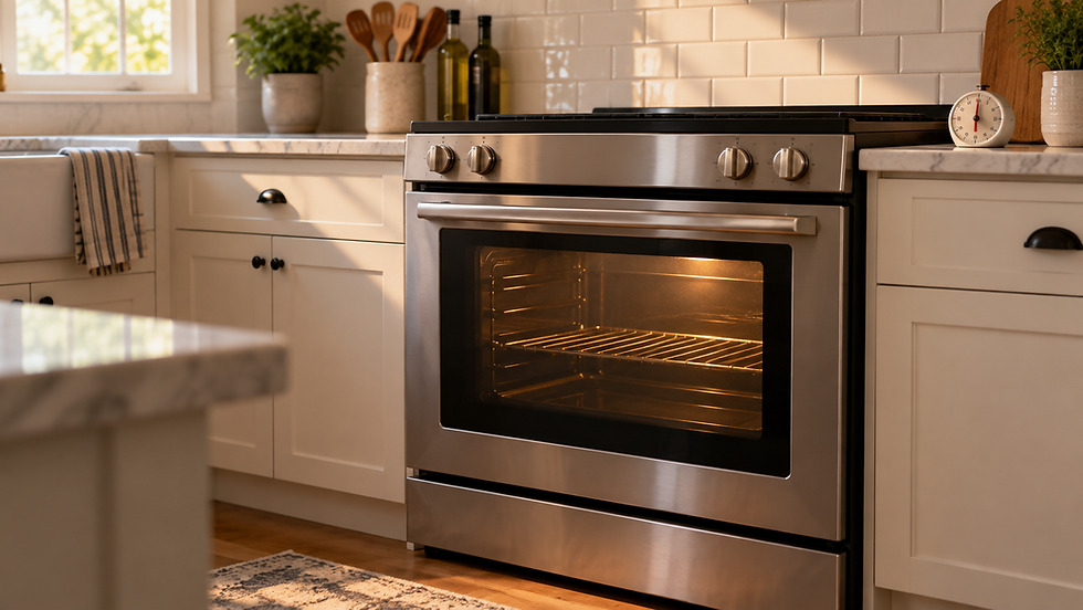 Brand-neutral kitchen oven preheating with one rack and a timer nearby
