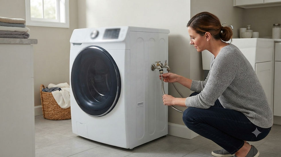 Homeowner checking washing machine water-supply faucets and inlet hoses in a laundry room