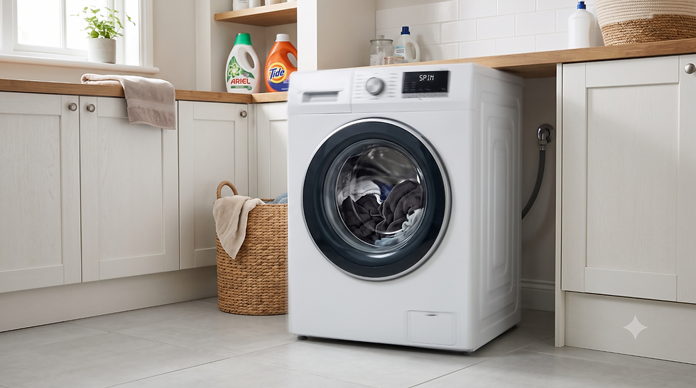 Front-loading washing machine vibrating strongly during the spin cycle in a home laundry room