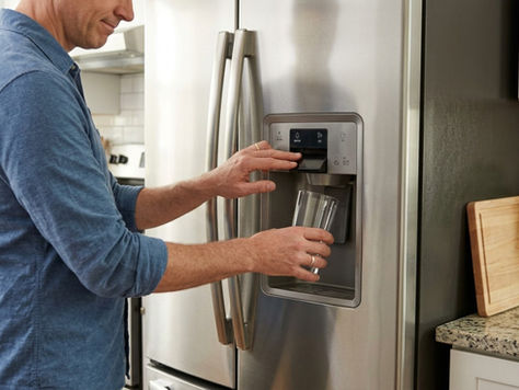 Homeowner checking a refrigerator water dispenser in a residential kitchen