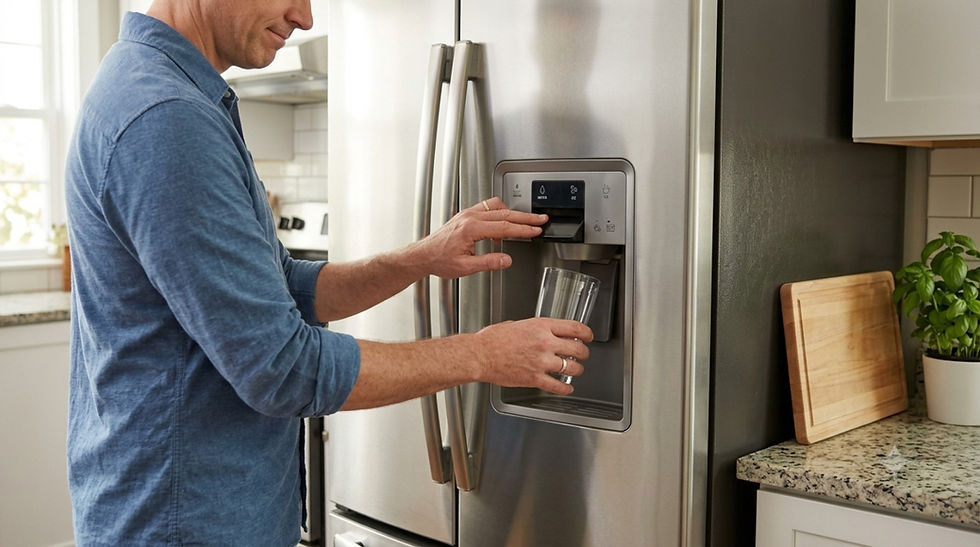 Homeowner checking a refrigerator water dispenser in a residential kitchen