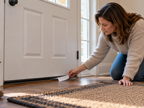 Homeowner using a tissue strip to locate a draft beneath a closed exterior door