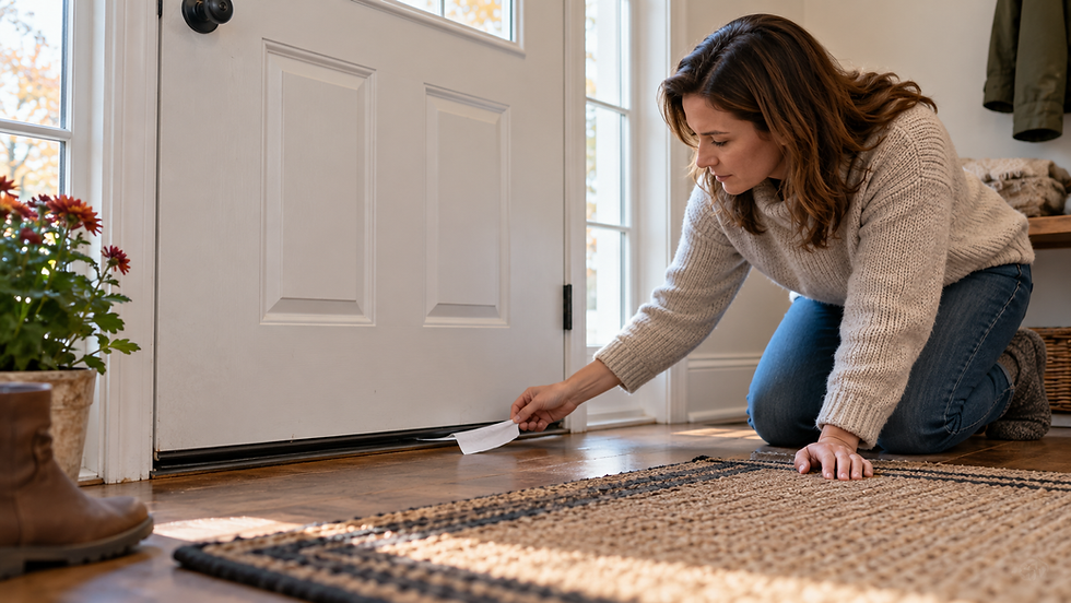 Homeowner using a tissue strip to locate a draft beneath a closed exterior door