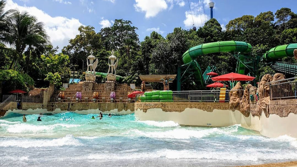 Adventure Cove Waterpark Singapore | Water park wave pool with people swimming. Green waterslide, red umbrellas, and tropical trees in the background under a sunny sky.