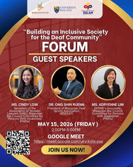 Forum poster for the Deaf Community with speakers Cindy Lam, Jong-Dae Kloeung, and Josephine Lam. May 25, 2026, Google Meet.
