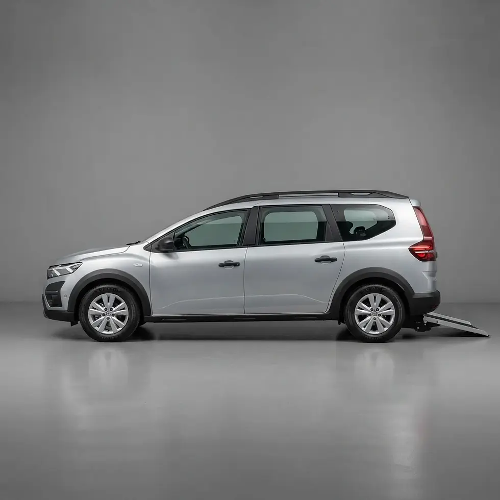 Studio photography of a silver minivan with an extended rear ramp. The vehicle is presented on a neutral grey background.