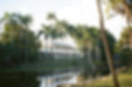 Scenic view of a white building surrounded by tall palm trees, reflecting in a tranquil pond. A peaceful, sunny atmosphere.