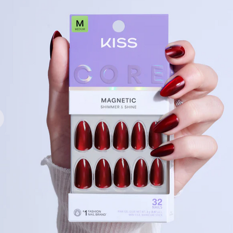 Red shimmery almond shaped nails