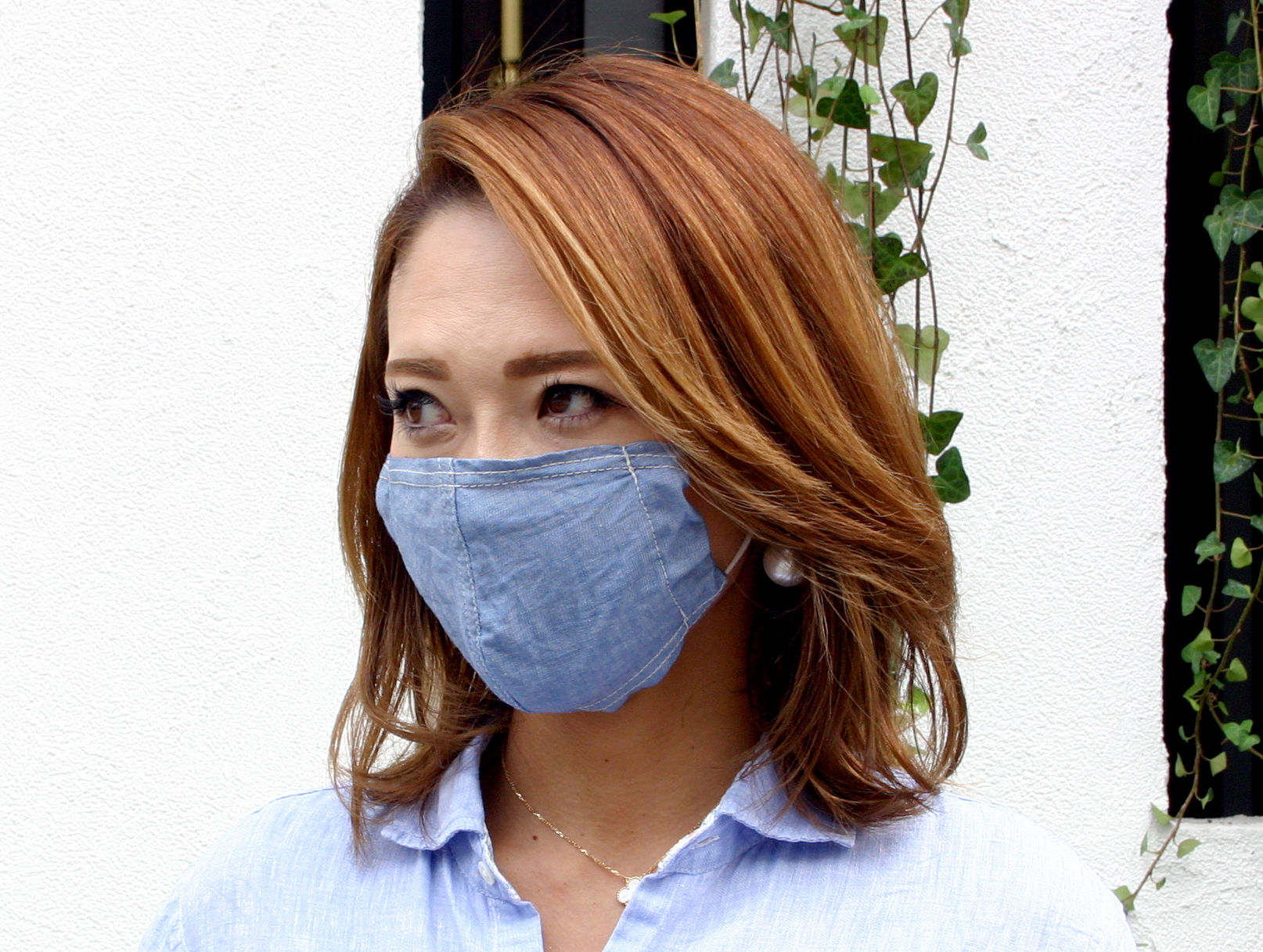 接触冷感シート付き 広島産 カラーシャンブレーマスク ブルー