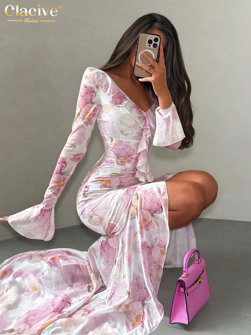 Thumbnail: Clacive Fashion Slim Print Women's Dress Sexy V-Neck Long | UK Boutique