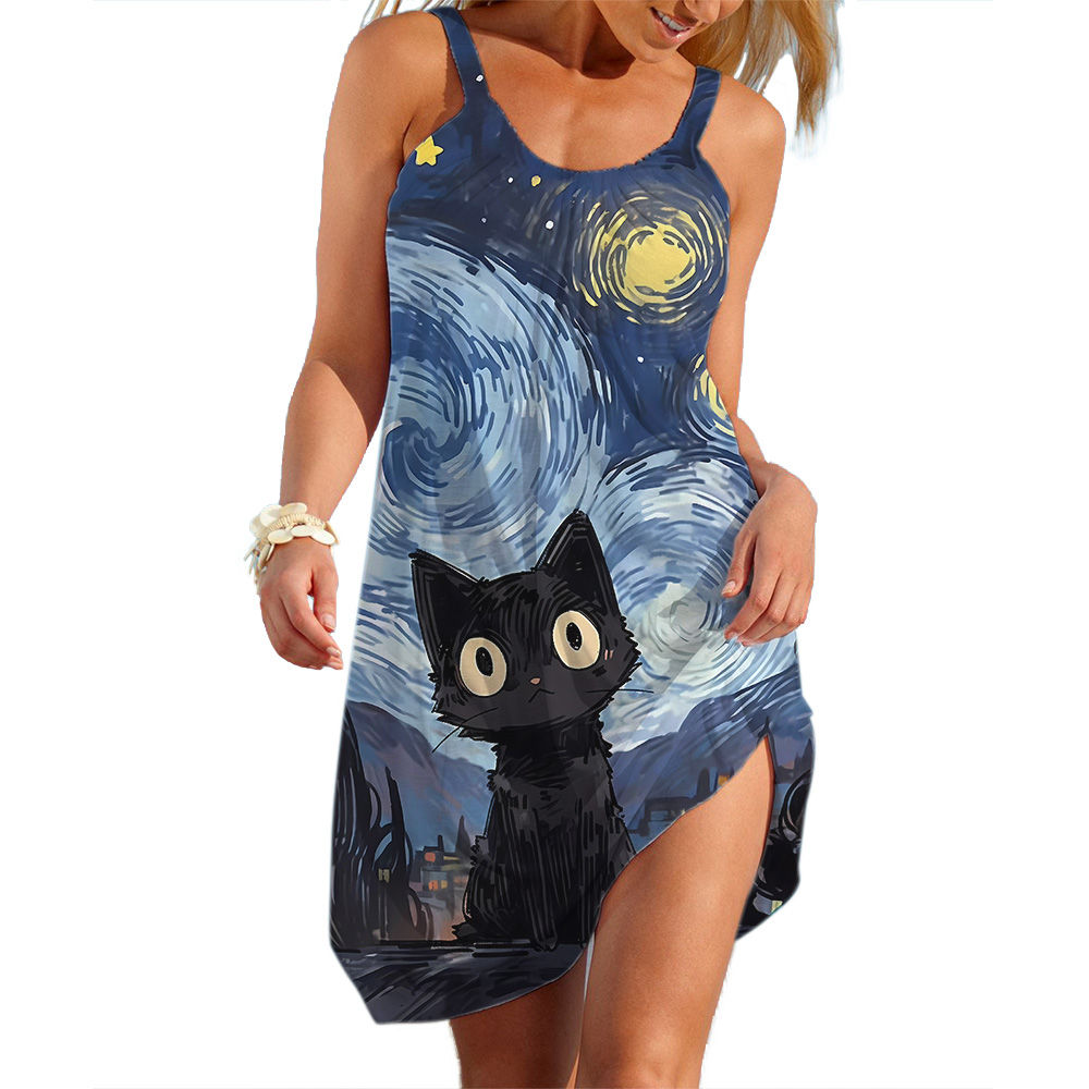 Lady Trend Streetwear Cartoon Cat Women's A-line Slip Dress | UK Boutique