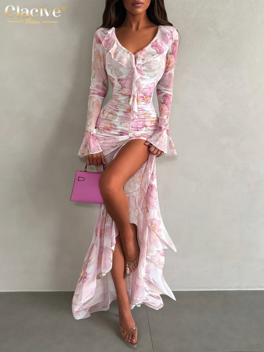 Thumbnail: Clacive Fashion Slim Print Women's Dress Sexy V-Neck Long | UK Boutique