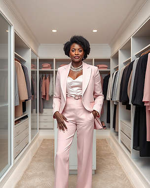 a sophisticated 40 year old black woman dressed stylishly wearing light pink. She is stand