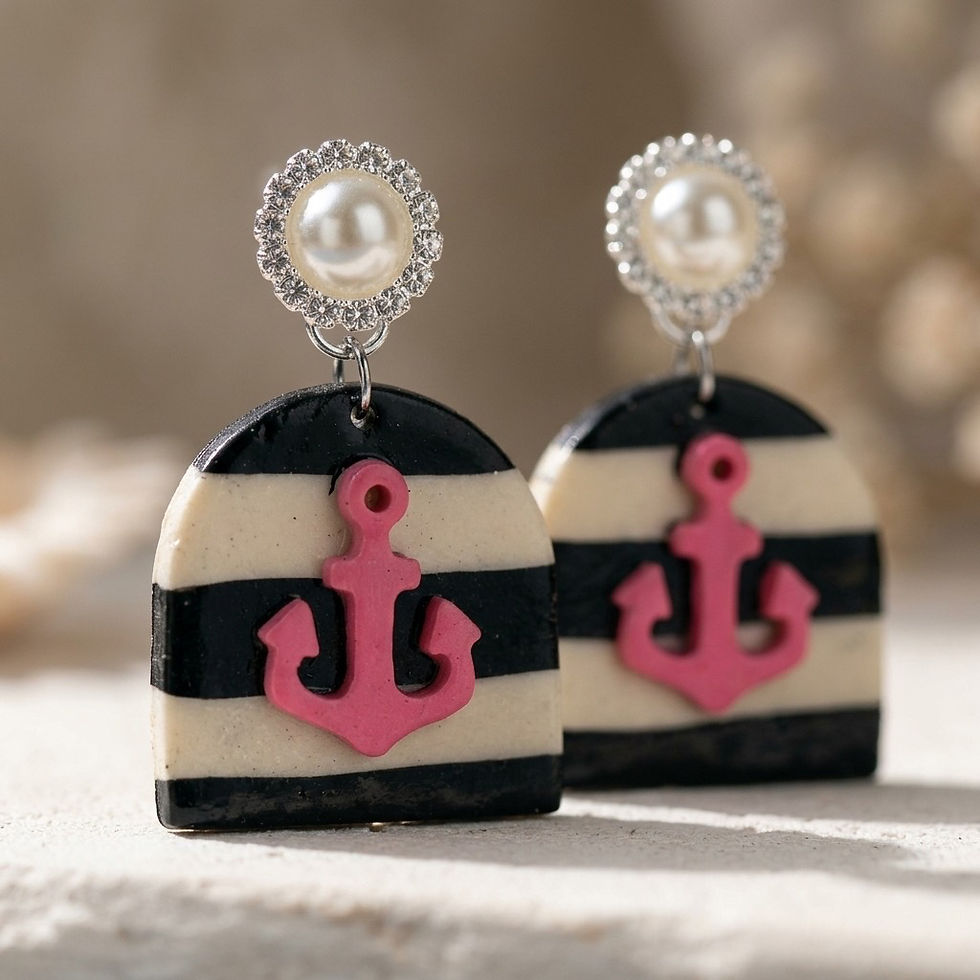 Thumbnail: Pink Anchor Coastal Earrings – Handmade Nautical Polymer Clay Dangles