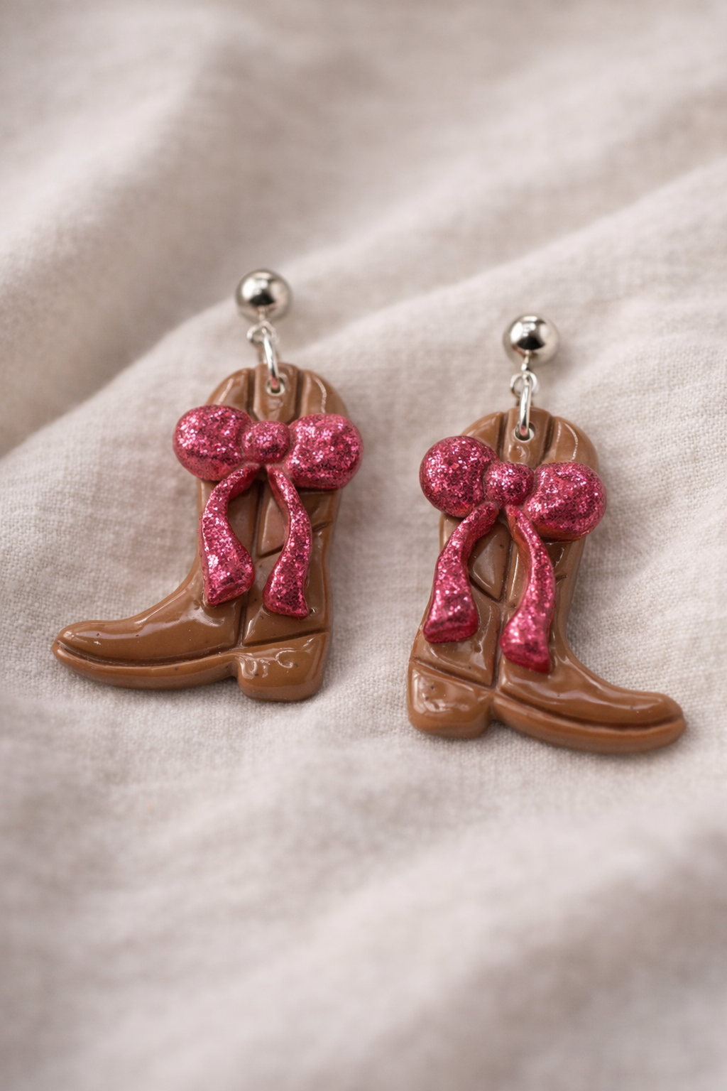 Pink Glitter Bow Cowgirl Boots Dangle Earrings