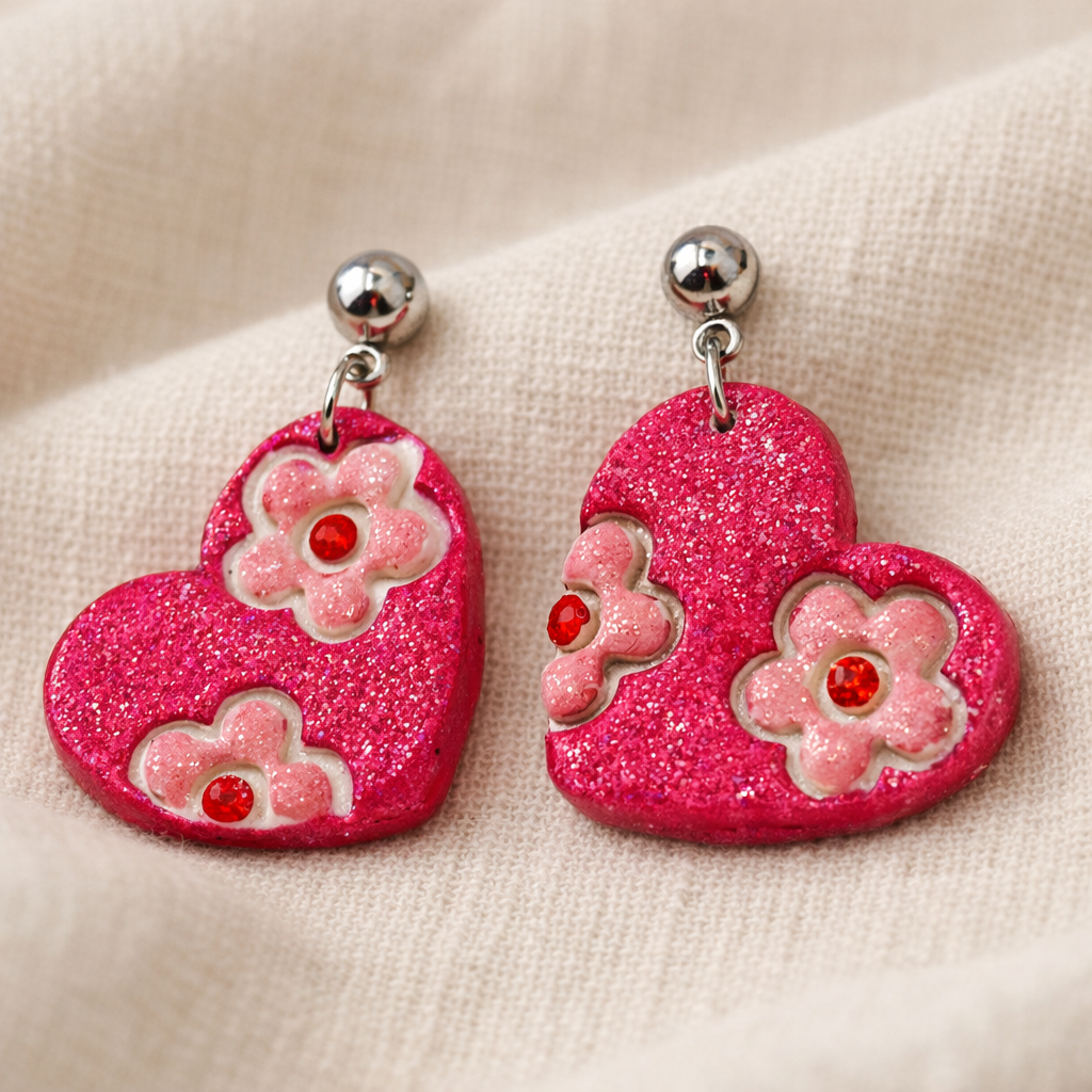 Pink Glitter Heart Flower Dangle Earrings 