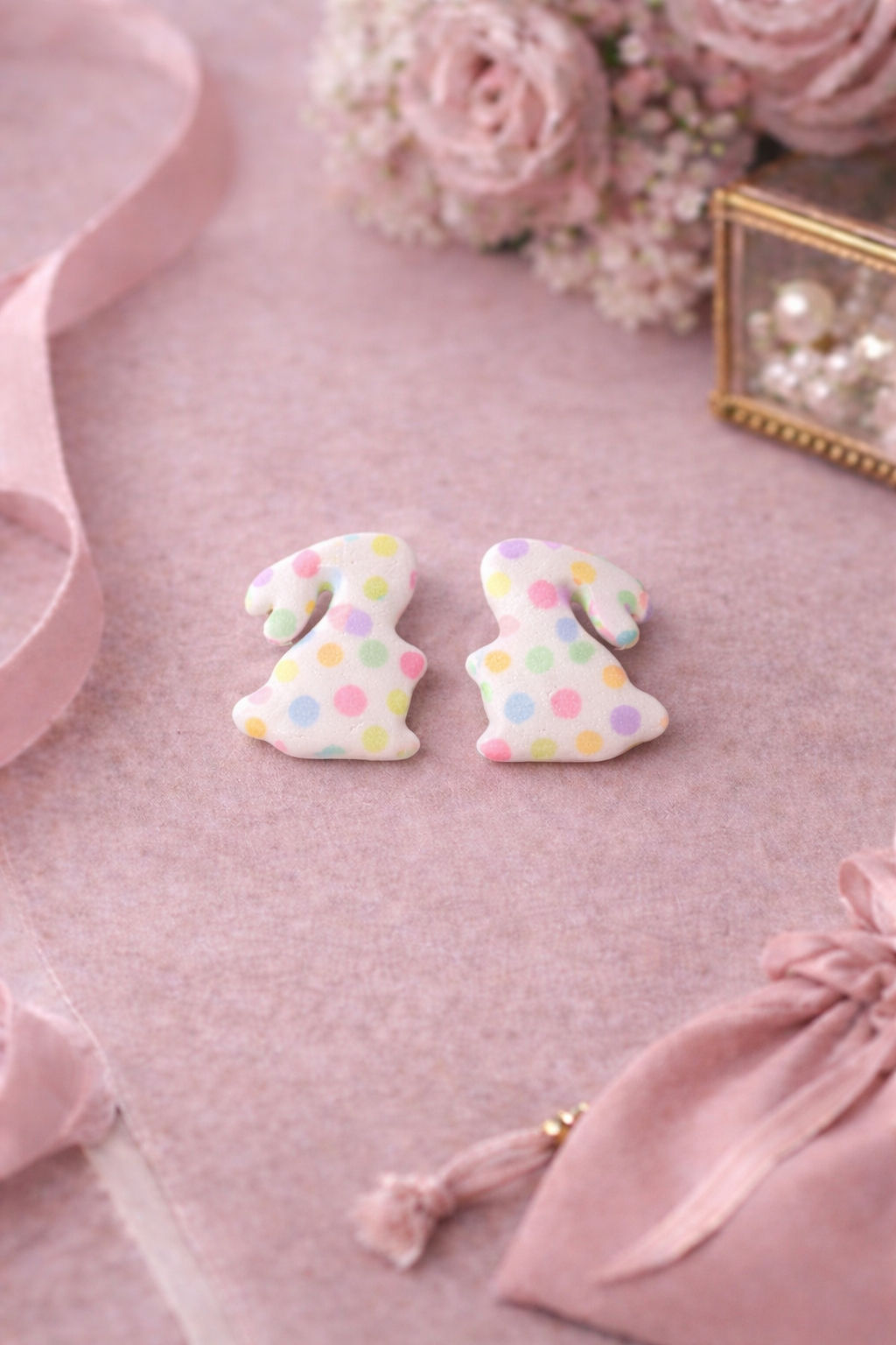 Pastel Polka Dot Bunny Stud Earrings | Easter Polymer Clay Bunny Studs 