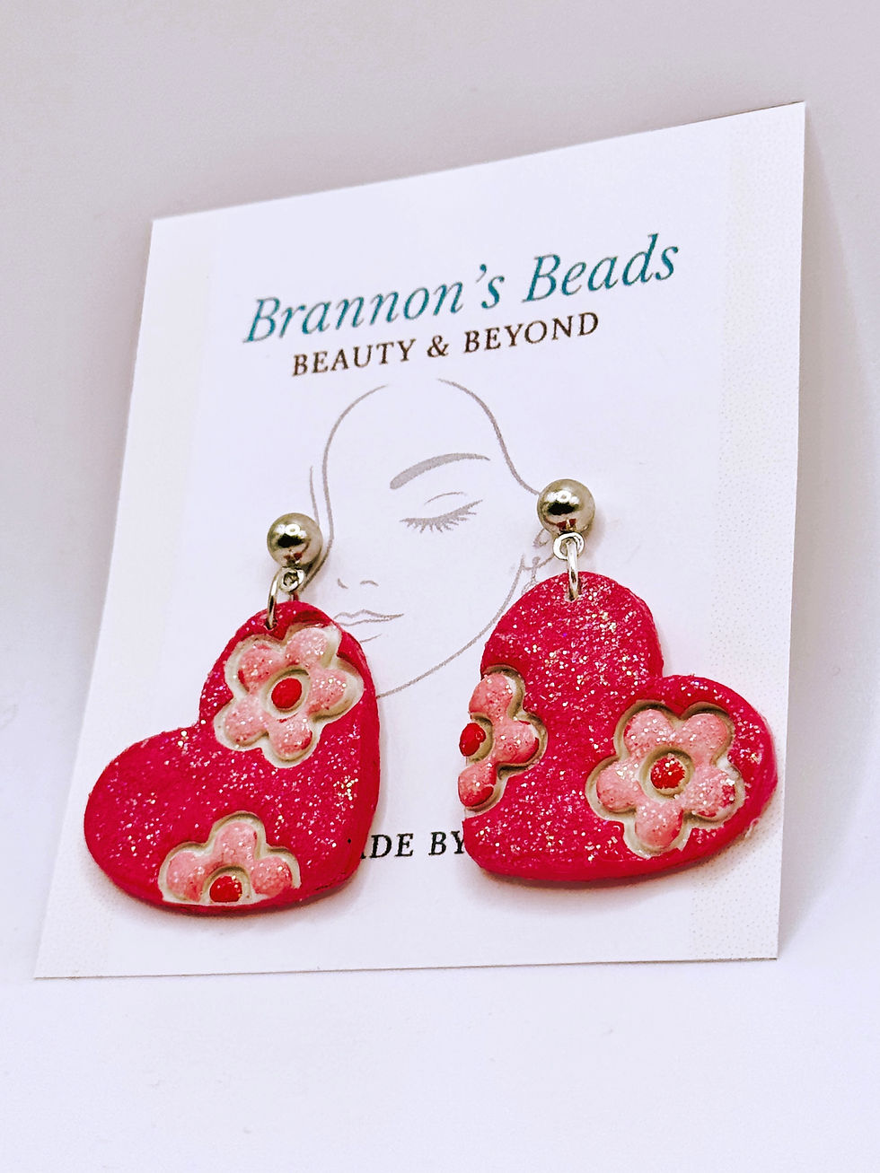 Thumbnail: Pink Glitter Heart Flower Dangle Earrings 