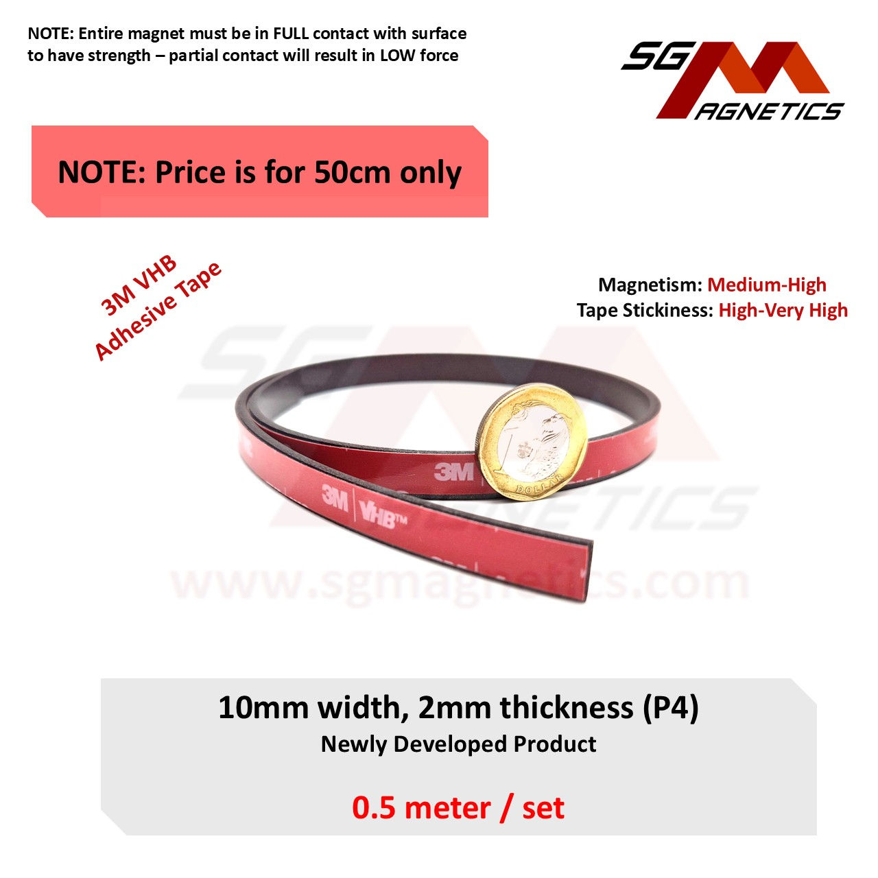 10mm T2mm Neo Flexible Magnetic Strip Roll, Ver. P4 with 3M adhesive tape