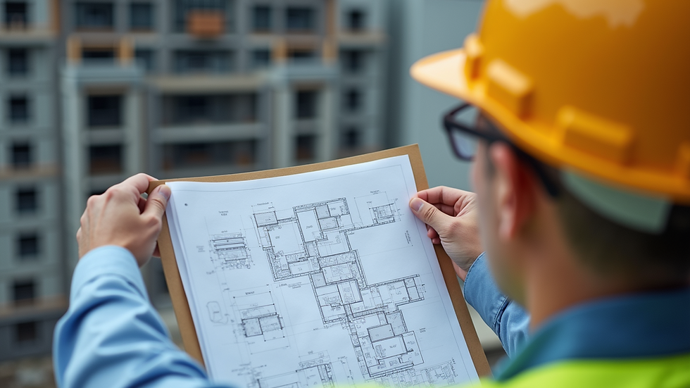 Close-up view of a project manager reviewing blueprints on a construction site
