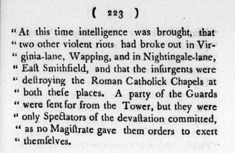 Extract from 'The life of the Venerable and Right Reverend Richard Challoner, D.D. Bishop of Debra, and V.A.' by Mr. James Barnard (1784), p. 223.
